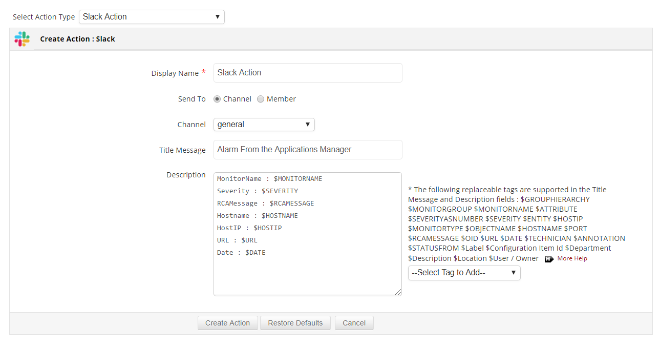 Applications ManagerでのSlackメッセージ アクション